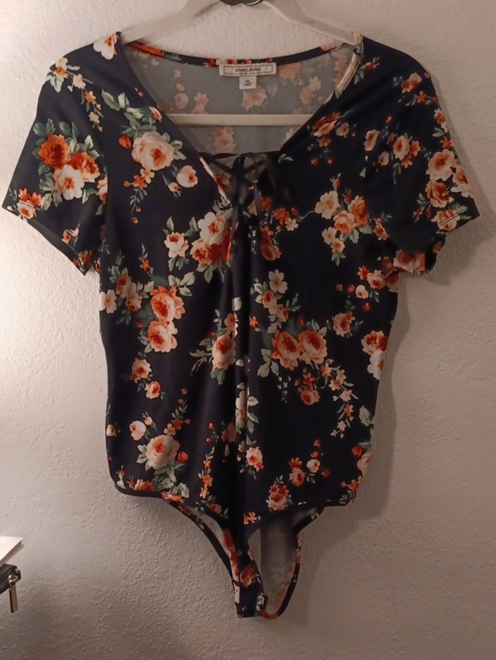 Adam Levine Collection Preloved Black Floral Lace-Up Short Sleeve Bodysuit
